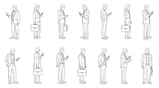 Business People CAD Block Set with Briefcase and Phone, Side Elevation 2D AutoCAD Architectural Vector, Clean Thin Line Blueprint Style Office Figures Grid Isolated on White
