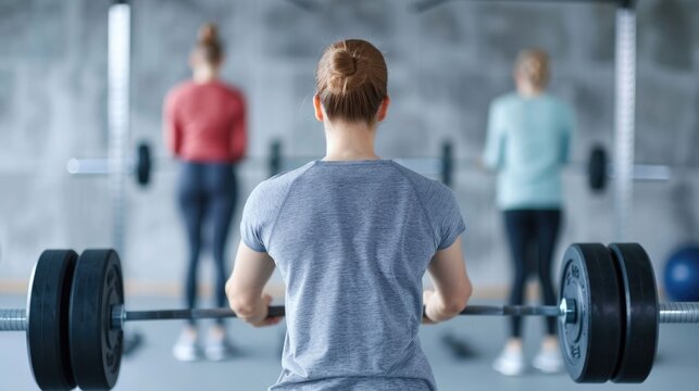 Three people engaged in weight training activities within a fitness studio with the foreground subject holding a barbell and others blurred in the background