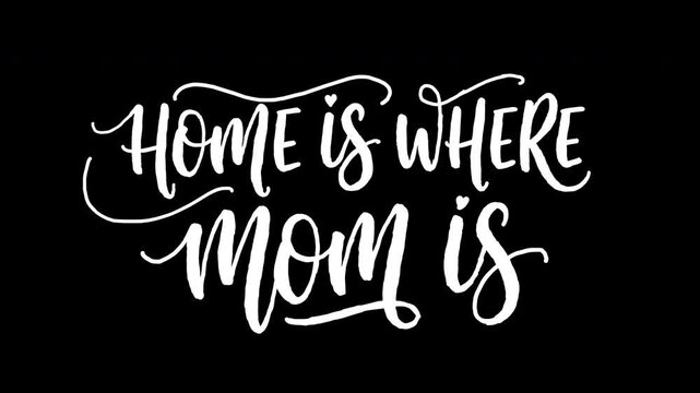 Home is where mom is animated text lettering with decorative hearts for mothers day appreciation, 4k animated video, alpha transparent video