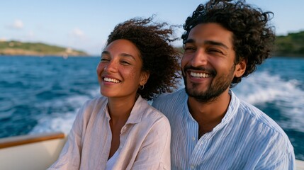 Obraz premium Young couple with curly hair enjoying a boat ride on a sunny day, smiling and laughing together against a backdrop of blue water and distant hills