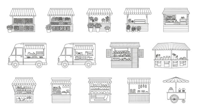 Market Stalls and Street Vendors CAD Block Set, Technical Line Drawing Retail Booths Kiosks and Carts Isolated on White