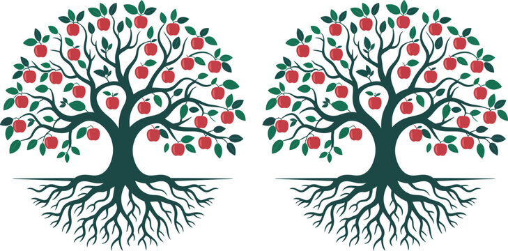 Twin Apple Trees: Two stylized apple trees, heavy with ripe fruit, stand side by side, showcasing their intricate root systems and vibrant foliage.