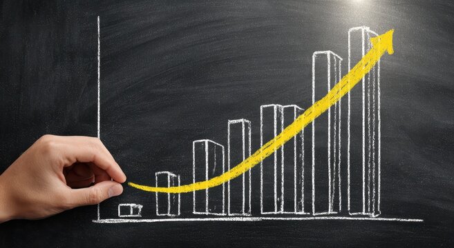 Human hand drawing a bright yellow upward trending arrow over a white chalk bar graph on a dark black chalkboard, symbolizing business growth and financial success