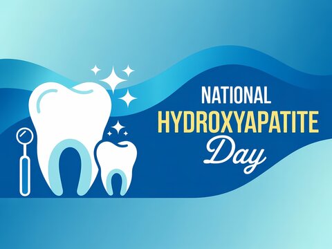 National hydroxyapatite day celebration banner with dental icons and tooth illustration on blue wavy background