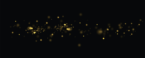 Naklejka premium Golden glitter dust flows in dark night light, sparkle, shimmer, twinkle bokeh. Sparks, stardust, highlights, flare, lens flare, glare magical festive atmosphere in the vector illustration.