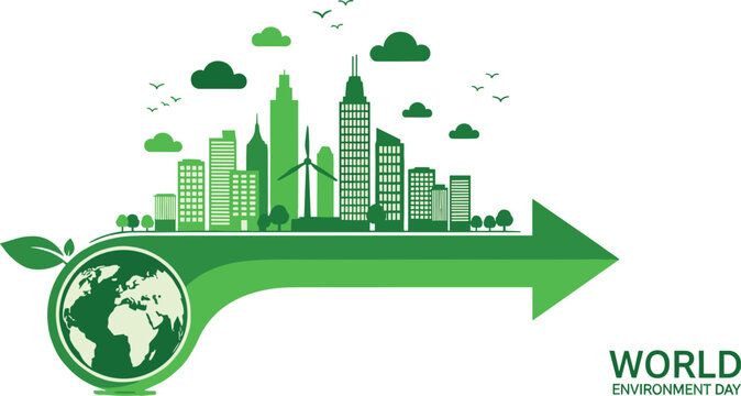 World Environment Day vector illustration with green city skyline globe arrow and eco sustainability concept design