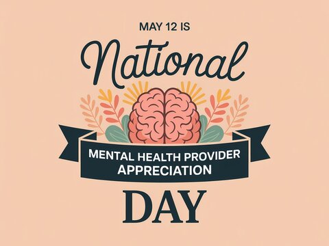 National mental health provider appreciation day illustration with brain icon and floral elements on a soft peach background