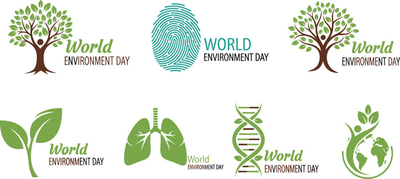 World Environment Day logo set with tree leaf fingerprint lungs DNA globe eco nature symbols vector illustration collection