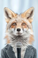 Obraz premium Fox with focused expression holds microphone. Animal wears business suit, suggesting professional setting. Ideal for themes like wildlife speaking, corporate humor, or media events