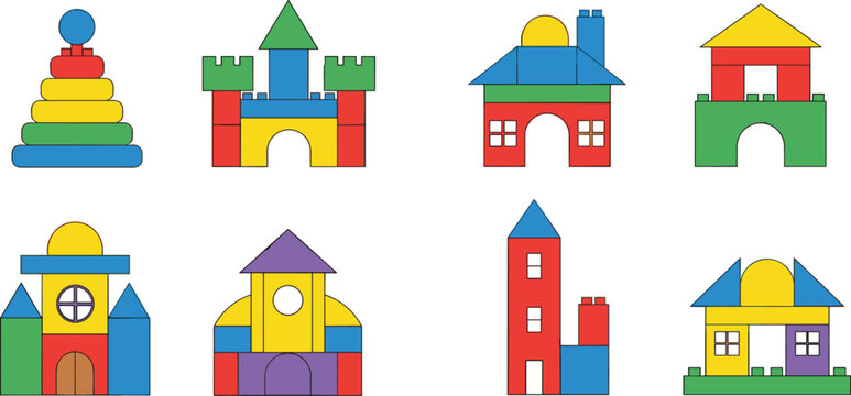Colorful toy houses and castle buildings set, simple geometric architecture made from construction blocks isolated on white background vector illustration collection