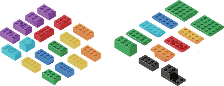 Colorful plastic building bricks set in isometric view, toy construction blocks arranged in different layouts isolated on white background vector illustration collection