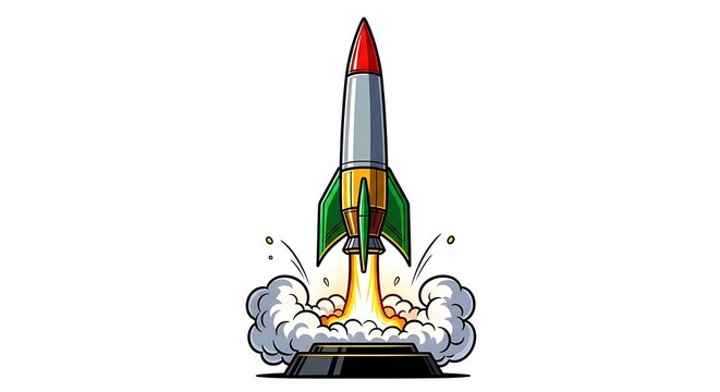 Cartoon style illustration of a rocket launching into space with flames and smoke