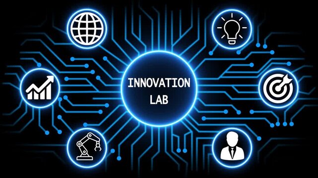 innovation lab concept with circuit lines and digital symbols hovering above a businessman, technology. manufacturing process management all connected in a digital circle like pattern.