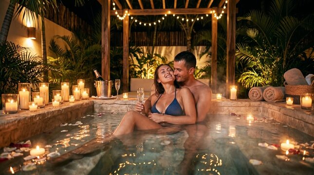 Romantic couple enjoying a candlelit hot tub with champagne