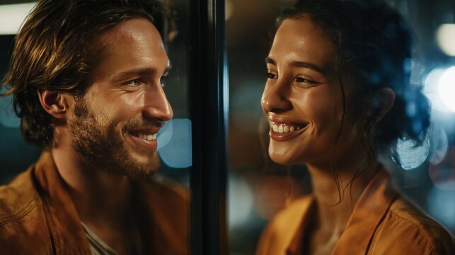 Young couple smiling through window at night. Long distance relationship, connection, and romantic anticipation concept.