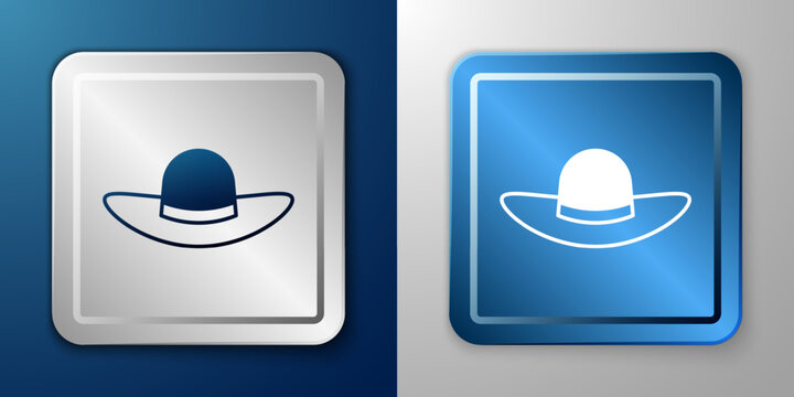 White Elegant women hat icon isolated on blue and grey background. Silver and blue square button. Vector
