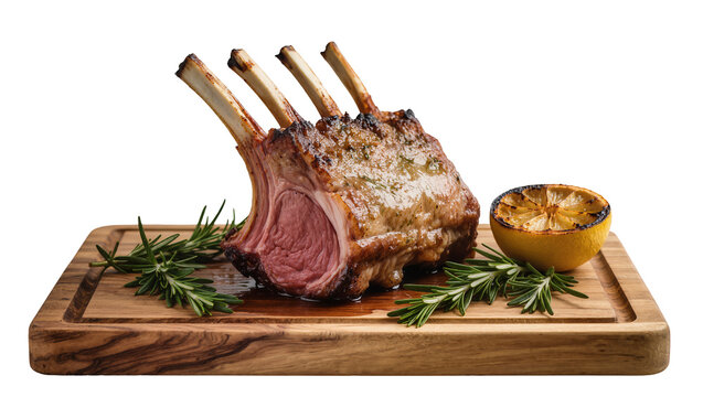 Roasted rack of lamb with rosemary and grilled lemon, isolated on transparent background