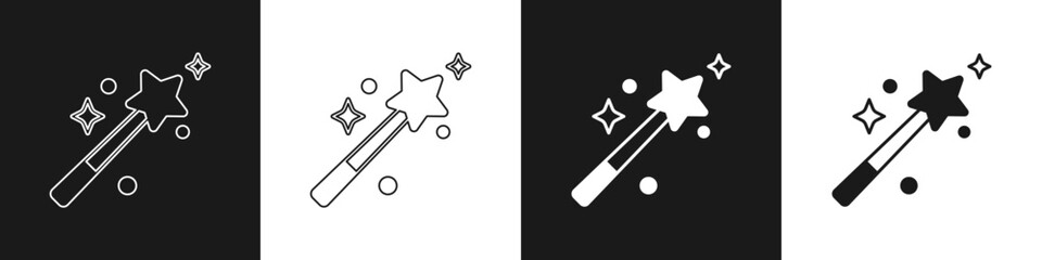 Set Magic wand icon isolated on black and white background. Star shape magic accessory. Magical power. Vector © Iryna