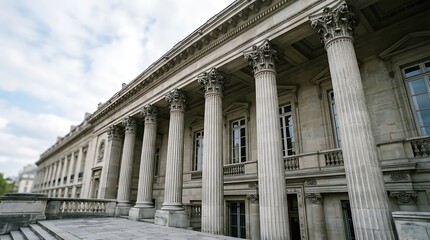 Fototapeta premium Grand neoclassical building facade with tall columns under dramatic cloudy sky, architectural elegance