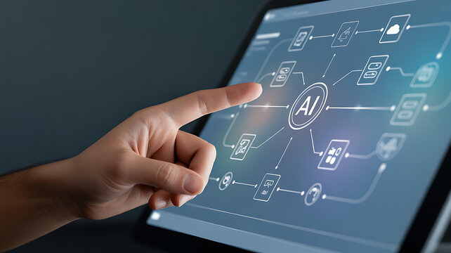 AI agent data tools and workflow automation concept with businessman typing on laptop and interacting with digital process interface for artificial intelligence development, integration, productivity