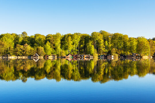 B&auml;ume und Bootsh&auml;user am Nebelsee im Fr&uuml;hling in L&auml;rz