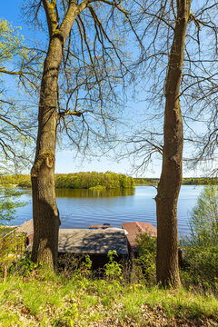 B&auml;ume und Hausd&auml;cher am Langhagensee im Fr&uuml;hling in L&auml;rz
