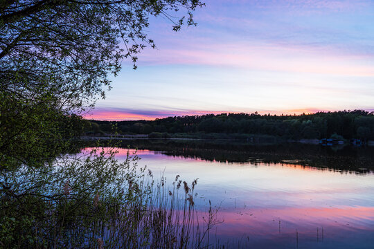 B&auml;ume und Sonnenuntergang am Nebelsee im Fr&uuml;hling in L&auml;rz