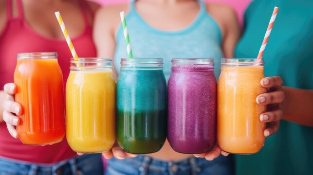 Five diverse colorful and healthy beverages in mason jars held by a group of friends showcasing vibrant fruit and vegetable smoothie and juice options for a refreshing lifestyle