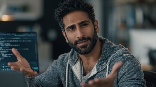 Male developer explaining code on computer monitor. Software development, programming education, and tech training concept.