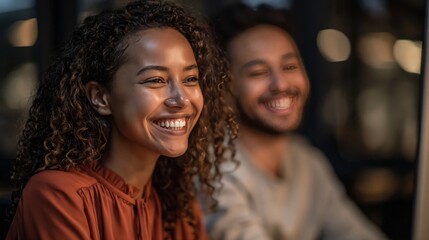 Fototapeta premium Happy couple laughing together outdoors at night. Love, relationship, connection, and joy concept.