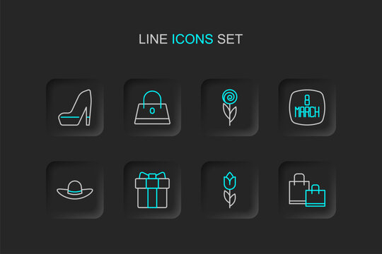 Set line Paper shopping bag, Flower tulip, Gift box and heart, Elegant women hat, 8 March, Handbag and Woman shoe icon. Vector