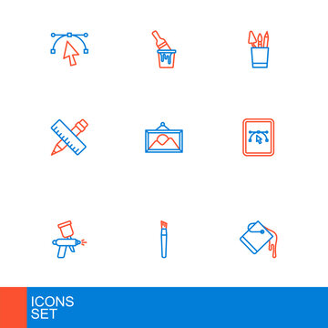 Set line Paint bucket, brush, spray gun, Computer with design program, Crossed ruler and pencil, Picture landscape, Pencil case stationery and icon. Vector