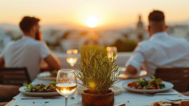 An intimate rooftop dining experience for two set against a breathtaking city panorama bathed in the warm glow of a vibrant sunset creating a scene of romance and relaxation