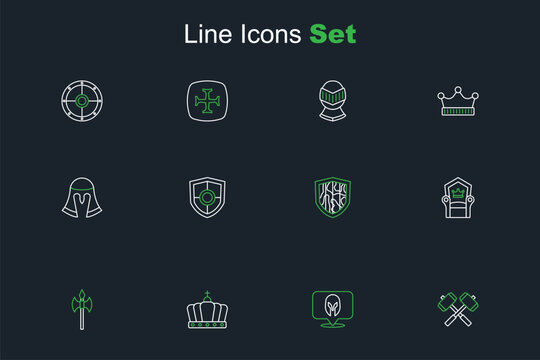 Set line Crossed battle hammers, Medieval helmet, King crown, axe, throne, Shield, and icon. Vector