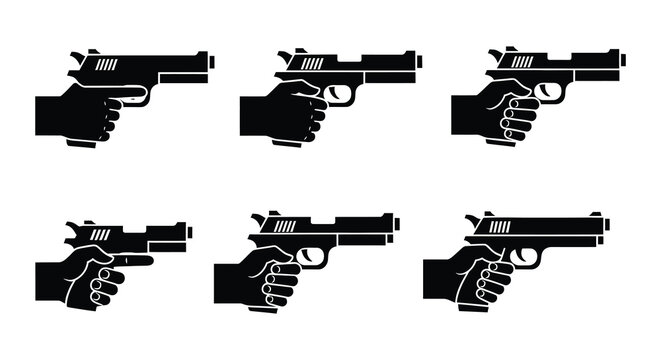 Hand holding pistol silhouettes vector illustration set