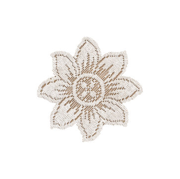 Small light beige embroidered flower applique isolated on transparent background. Decorative textile element ideal for design mockup, branding, wedding stationery, or fabric embellishment.