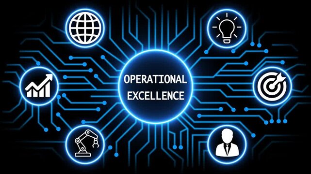 operational excellence concept with circuit lines and digital symbols hovering above a businessman, technology. manufacturing process management all connected in a digital circle like pattern.