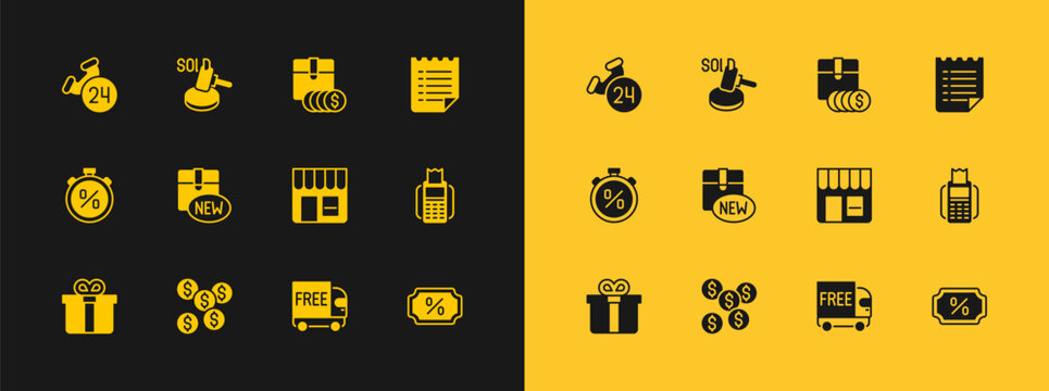 Set Wish list template, Dollar symbol, Market store, Free delivery service, New collection, Item price tag with dollar, Telephone 24 hours support and Auction hammer icon. Vector