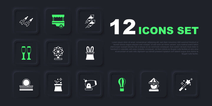 Set Attraction carousel, Magic wand, Ferris wheel, Hot air balloon, Bowling pin, Magician hat, Fast street food cart and Cannon icon. Vector