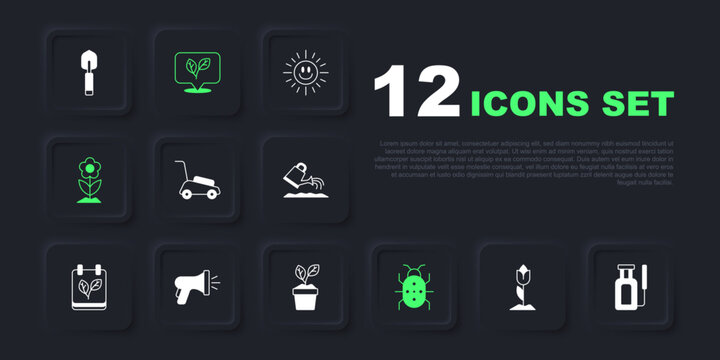 Set Flower tulip, Garden sprayer for water, Lawn mower, Colorado beetle, hose, Leaf and Plant in pot icon. Vector