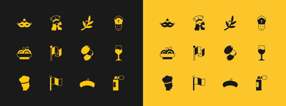 Set Pope, Flag Italy, Olives, French beret, branch, Carnival mask and Roman army helmet icon. Vector