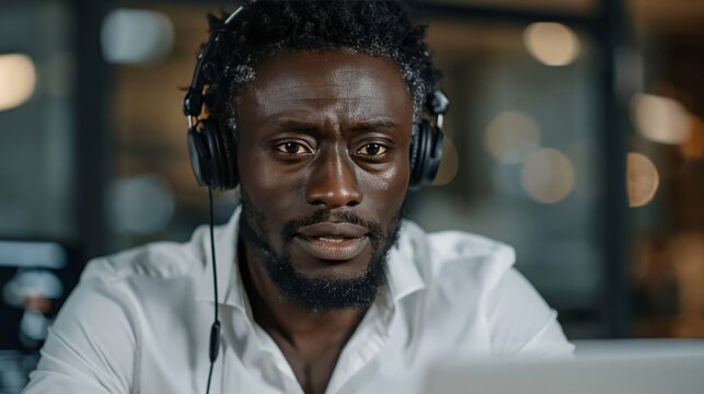 Man wearing headphones at computer desk working in modern office. Remote work, customer service, and professional communication concept.