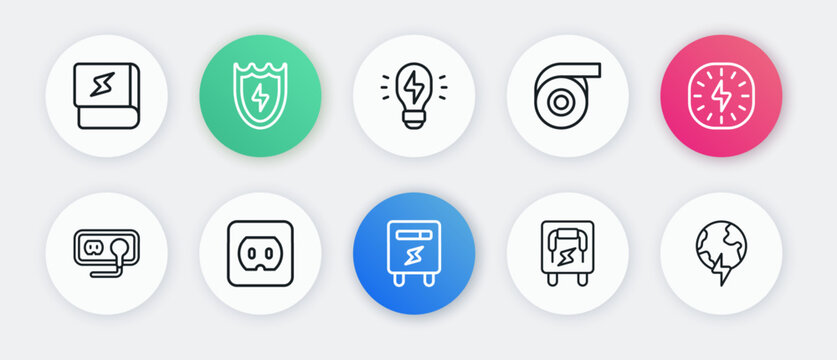 Set line Electric meter, Lightning bolt, Electrical outlet, panel, Roll adhesive tape, Creative lamp light idea, Global planet with thunderbolt and icon. Vector