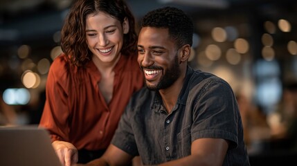 Fototapeta premium Happy couple laughing together while using laptop at night. Online dating, relationship connection, and digital communication concept.