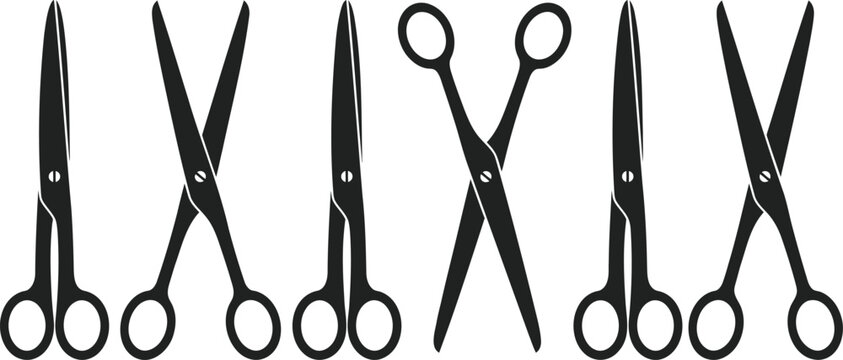 Set of black scissor icons for hair salon or stationery craft tools.