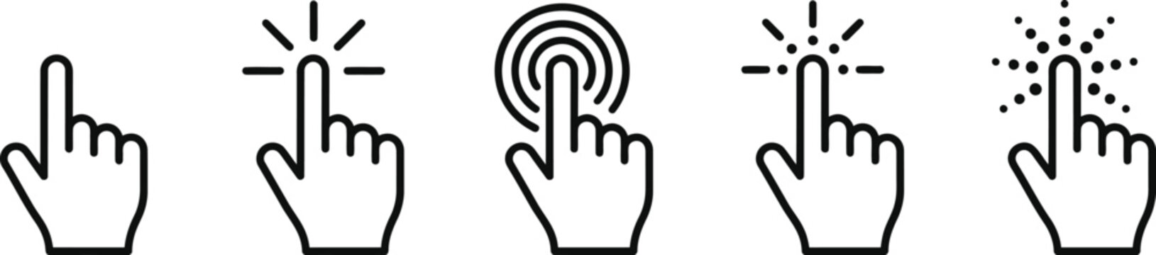 Computer cursor click icons with touch gestures and tap indicators.