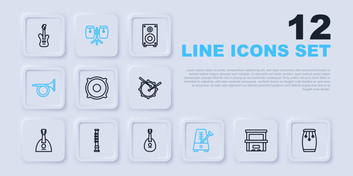 Set line Piano, Conga drums, Stereo speaker, Metronome with pendulum, Trumpet, Flute, and Mandolin icon. Vector
