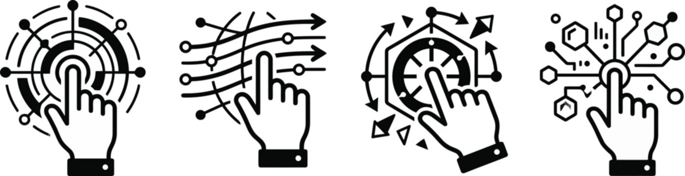 Interactive touch screen concept with hand gestures and digital data visualization technology elements.