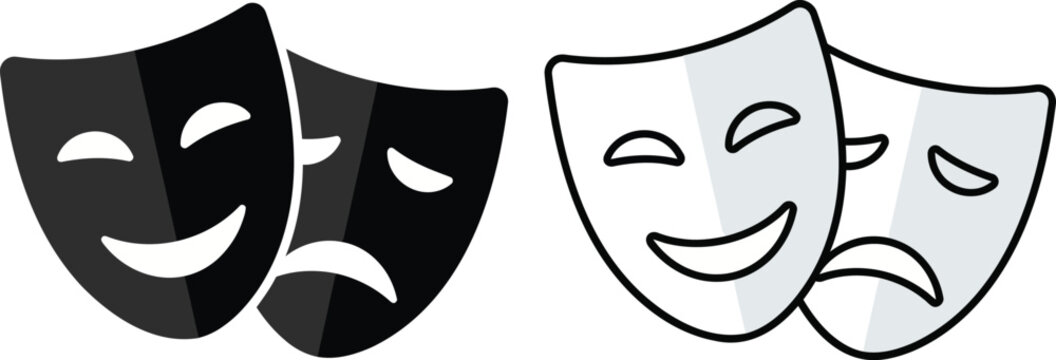 Comedy and tragedy theater masks set with dramatic highlights and shadows representing performance arts.