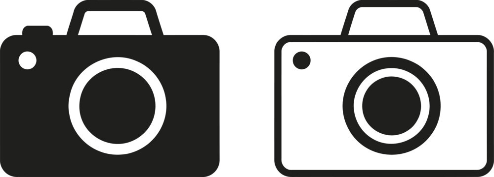 Modern camera icons in solid silhouette and outline style for photography and media design projects.